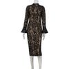 Women's Fashion Sexy Lace Flower Mesh Hollow Slim Long-sleeved Dress