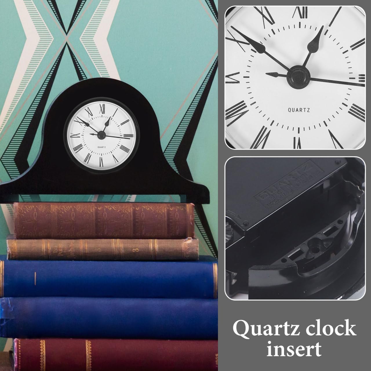 Homoyoyo Mini Round Quartz Clock: Insert with Roman Numeral Vintage Quartz Clock Fit-up Movements Miniature White Dial 2.8X2.8X1.1in Black Trim Roman
