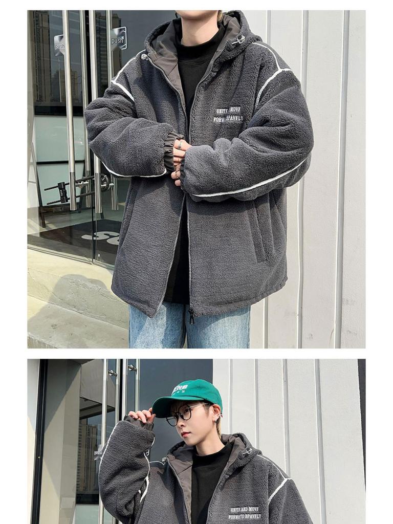 Men's Lambswool Hooded Coat, Autumn/Winter Embroidered Thick Cotton Jacket, Trendy Couple Style.