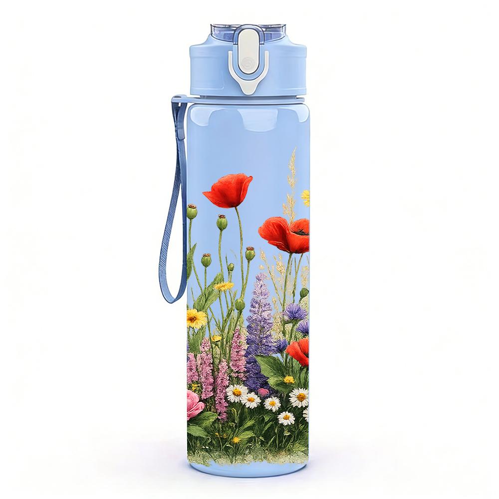 1PC Wild Mixed Meadow Flower Group 750ml Color Plastic Water Bottle Leakproof Flip Straw Lid For Sports Office Home Use