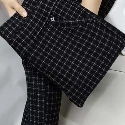 Women's Fall and Winter Padded Pocket Straight Plaid Pants Elastic High Waist Comfortable Warm Pants