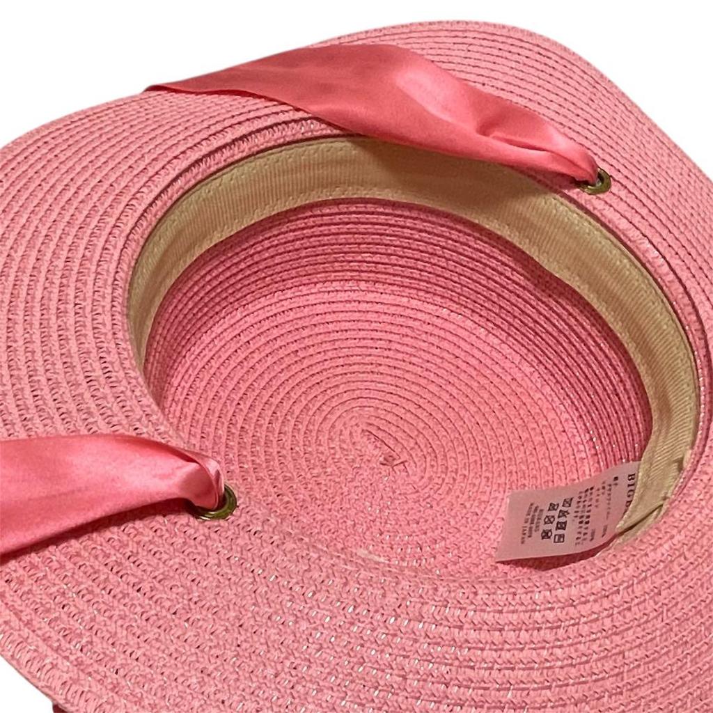 [USED] Excellent Condition Big Bang Fiberglass Straw Hat with Pink Ribbon, Perfect for Summer, Made In Japan