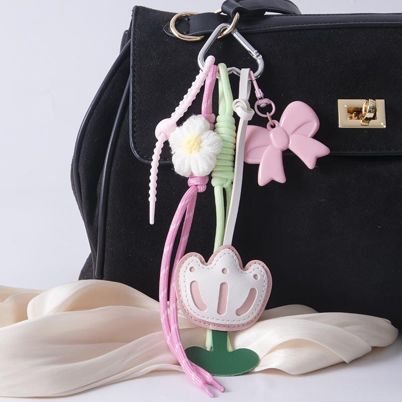 3D Flower Design DIY Leather Backpack Pendant One-piece Weave Rope Creative Key Ring Decoration.