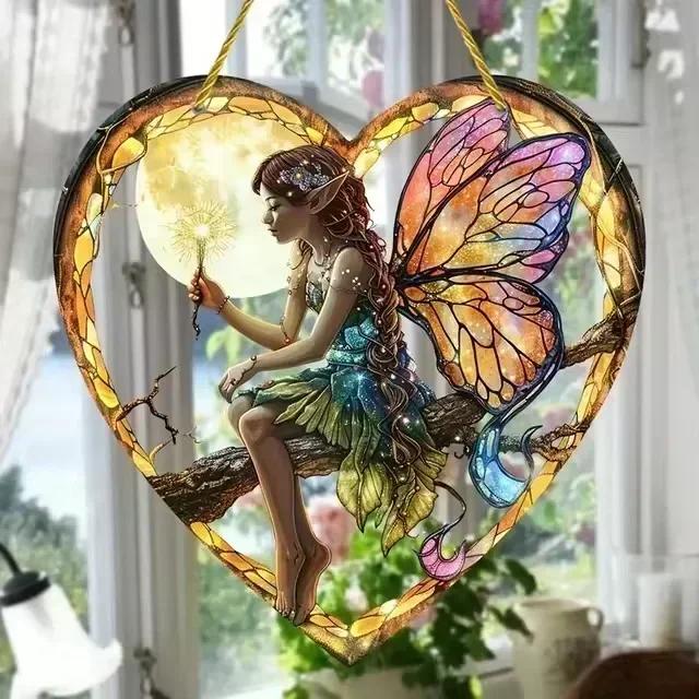 Colorful Flower Fairy Acrylic Suncatcher Stained Glass Style Hanging Window Garden Yard Ornament Fairy Garden Vintage Home Decor