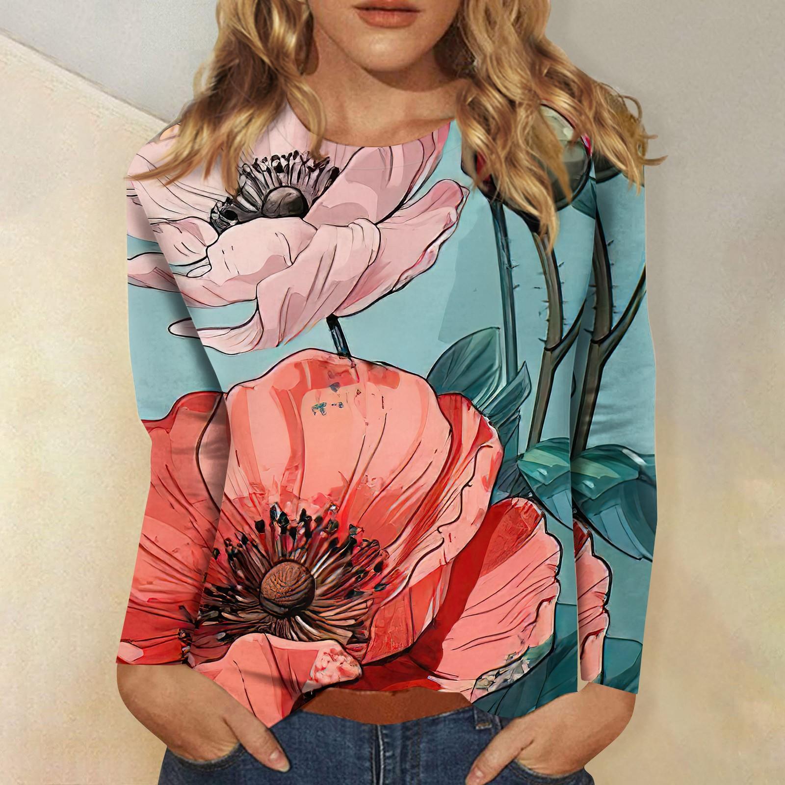 

Женская мода повседневный топ с длинным рукавом и круглым вырезом с цветочным принтом L