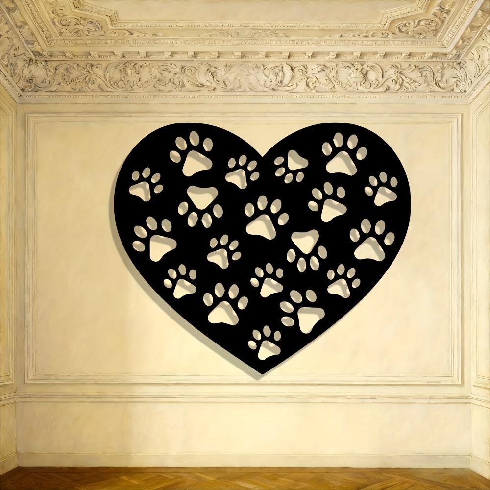 Paw Print Heart Metal Wall Art, Wrought Iron Black White Pet Decor Hanging Sign for Dog Owner Gift, Outdoor Durable, Easy Mounting Hardware Included