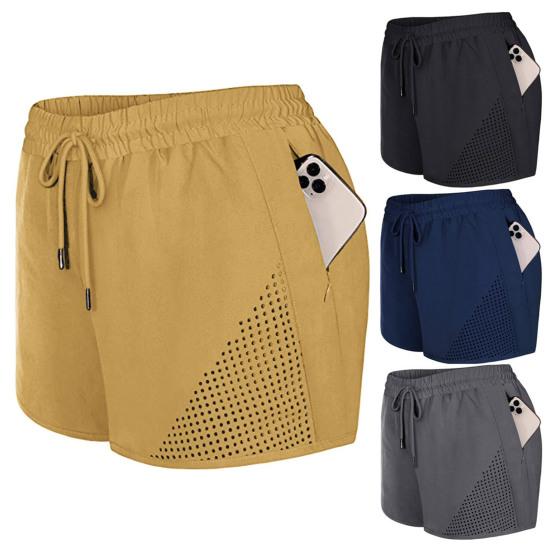 Hidden Zipper Pockets Loose Lounge Shorts with Breathable Holes Women Running Elastic Waist Drawstring Yoga Shorts Female Clothing