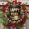 Happy New Year Wooden Sign with Top Hat Pattern - Celebrating The New Year Round Sign for Front Door, Wall Hanging Decor - Ideal Festival Decoration