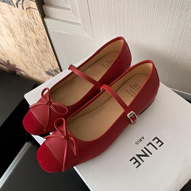 Red ballet shallow mouth flat-soled single shoes women's round head soft-soled Mary Jane shoes