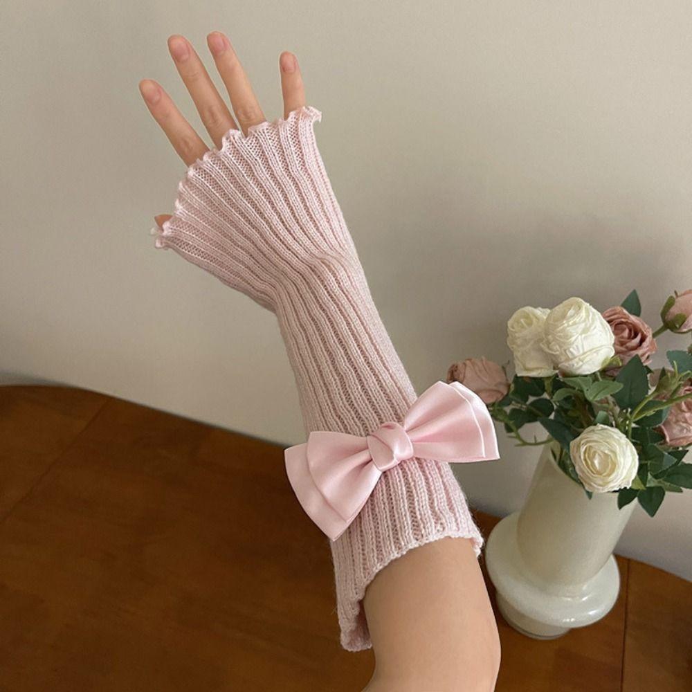Y2k Knitted Bow Gloves Gothic Fingerless Gloves Soft Wool Sleeve Cuff  Ladies