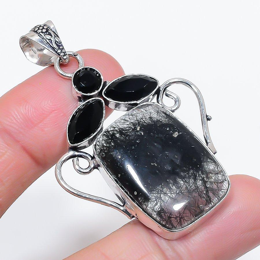 Natural Black Rutile, Spinel 925 Sterling Silver Jewelry Pendant 2.25" o8v72