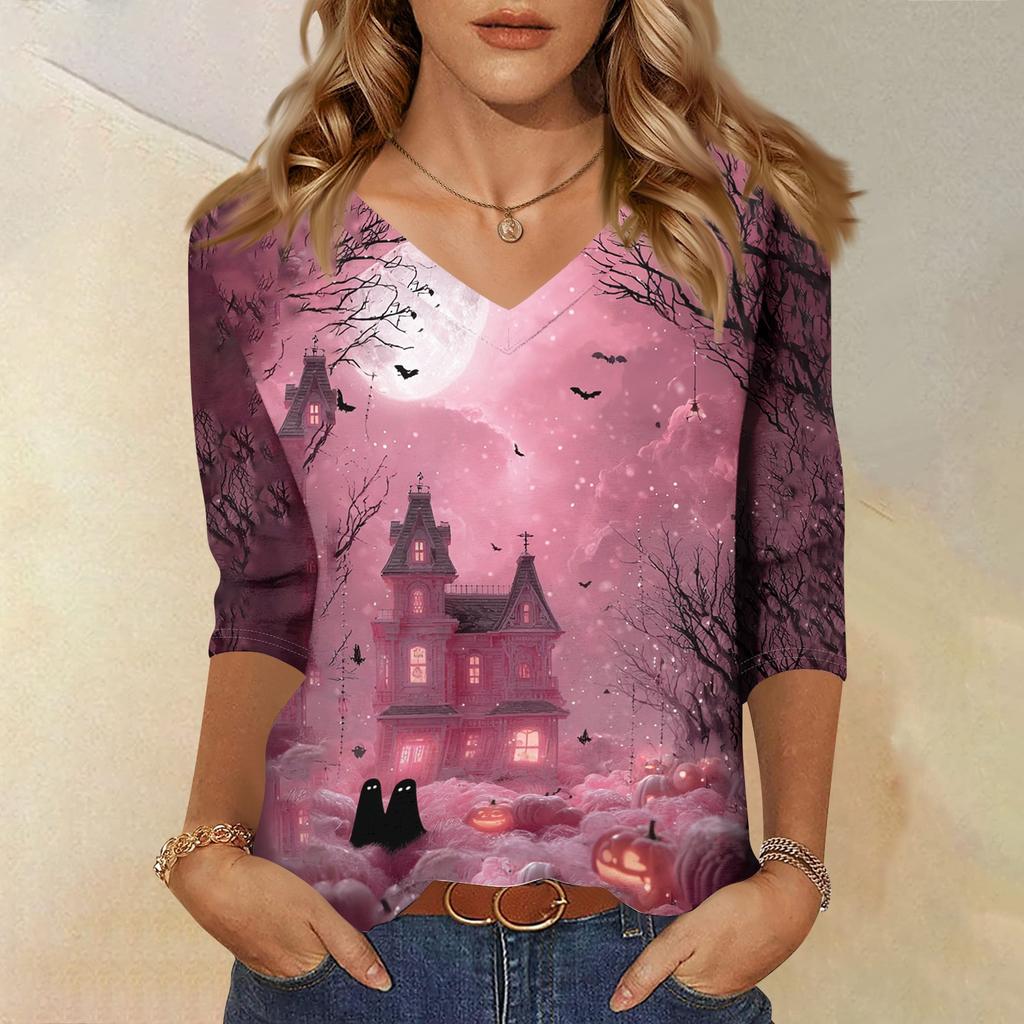 Women's Casual Halloween Print V Neck Three Quarter Sleeve Top Lightweight Soft Fabric Stylish Fit Comfortable Design