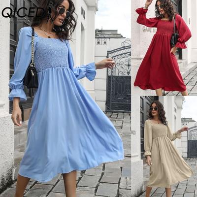 Damen Frühlings-Sommer Midi-Kleid, Ausgestellte Ärmel, A-Linie, Karree-Ausschnitt, Hohe Taille, Einfarbig, S-XL