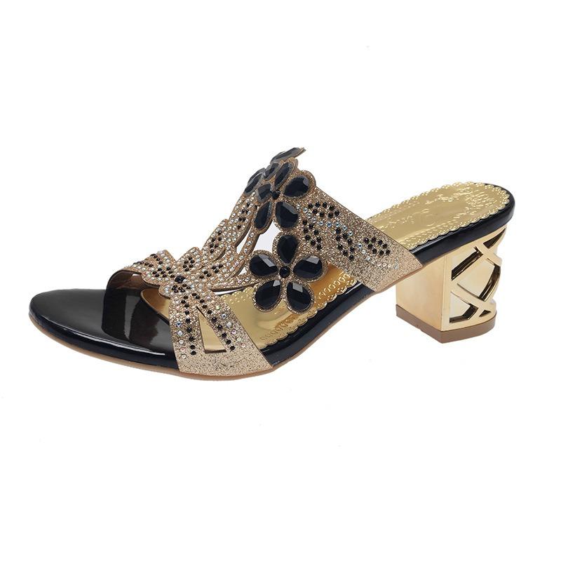 Sandale de vară pentru femei cu toc gros și vârf pătrat, tip slip, cu detaliu cataramă florală, încălțăminte casual elegantă franceză, respirabilă și ușoară.