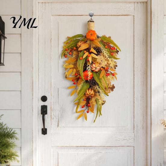 Fall Front Door Decor Artificial Teardrop Swag, Faux Pumpkins Berries Pinecones Leaves Decorative Autumn Water Drop Swag Harvest Wreath for