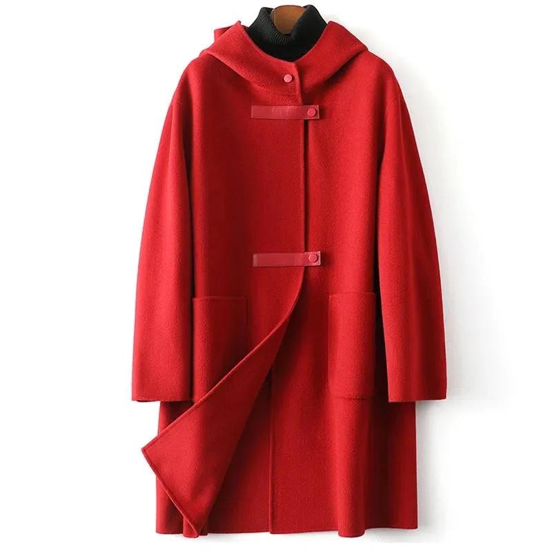 Cappotto Elegante di Lana da Donna con Tasca Grande, Vestibilità Ampia, alla Moda, con Cappuccio, Reversibile, Trendy per Tutte le Stagioni