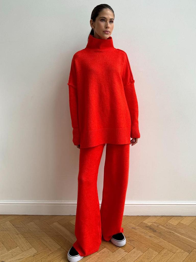 Women's Autumn/Winter High-Neck Sweater and Knit Pants Set - European/American Style, Loose Fit, Thick, Casual