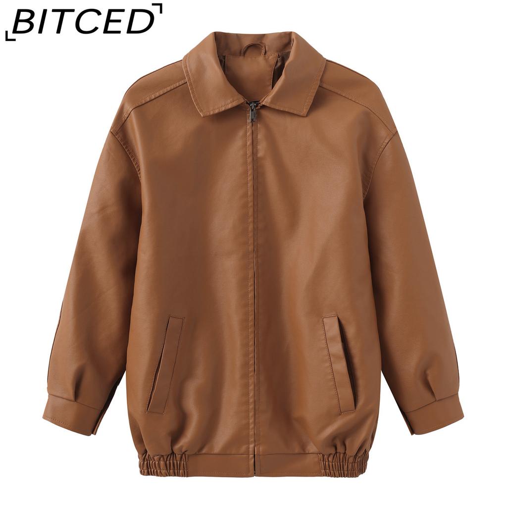 BITCED Fashionable Oversized Leather Jacket for Women Long-Sleeve Collared Spring/Fall Coat