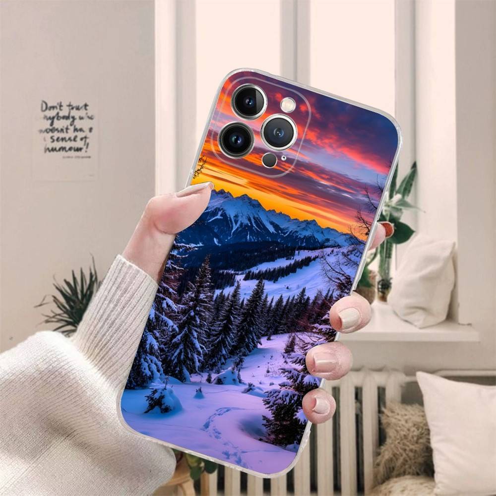 Beautiful Sunset Snow Mountain Phone Case For IPhone 17 16 15 14 13 11 12 Pro Max 16 Plus Transparent