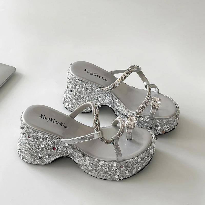Summer Platform Thick Bottom Women Slippers Elegant Crystal Narrow Band Shoes Ladies Concise Wedges Heel Slides
