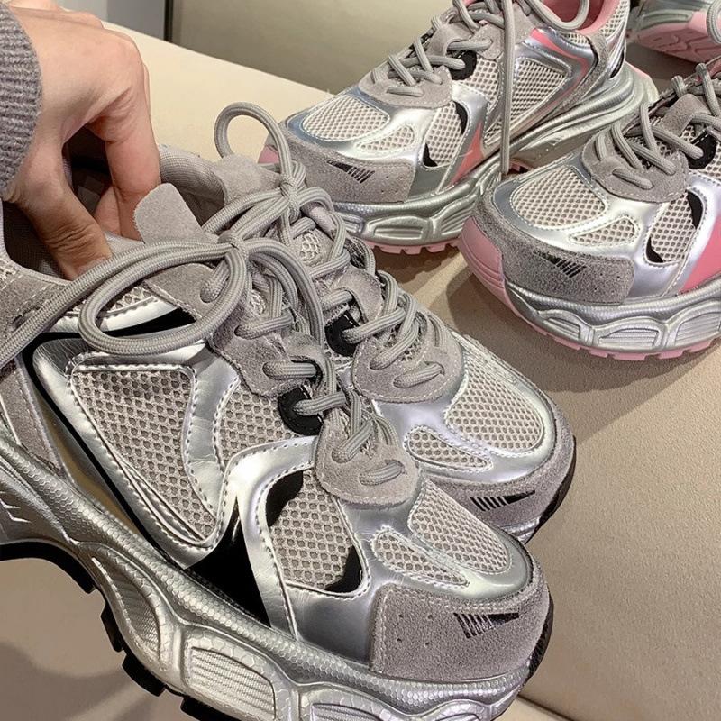 2024 Summer New Silver Pink Dad Shoes Women's Breathable Casual Running Shoes Versatile Lightweight Platform Sneakers