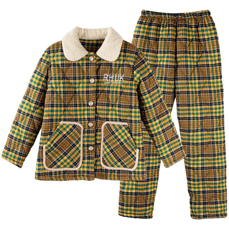 Casaco de algodão puro tecido pijamas para mulheres no inverno, três camadas espessadas algodão xadrez roupas quentes para casa, conjunto de inverno