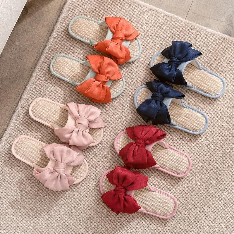 Fashion 2024 New Fashion Linen Slippers Women's Silk Bow Cotton Linen Slippers Women's Indoor Home Outdoor Sandals Slippers Zapatos