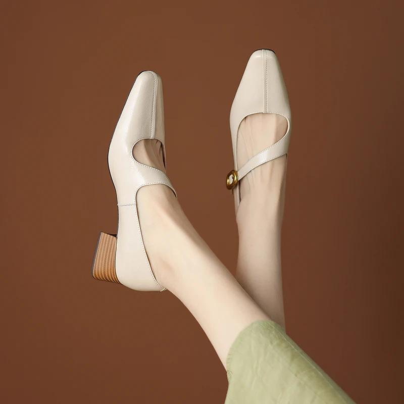 

Мода 2025 Новые Весенние Женские Туфли Лодочки Квадратный Носок Массивный Каблук Натуральная Кожа Женская Обувь Мелкий Металлическая Пряжка Ремешок Мэри Джейн Женские 40 бежевый