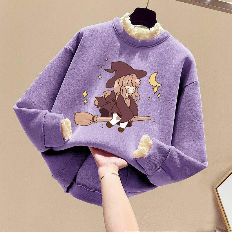 

Свитер для девочек с флисовой подкладкой, детский топ с длинными рукавами в корейском стиле, осенне-зимняя одежда 140