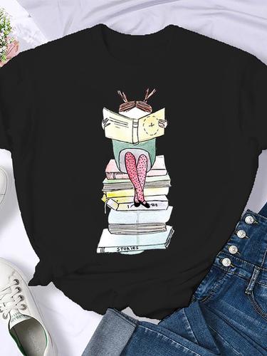 Woman Plus Size Round Neck Half Sleeve T-shirt Printed T-shirt Top New T Shirt Coffee Books Brown Books American Retro T-shirt