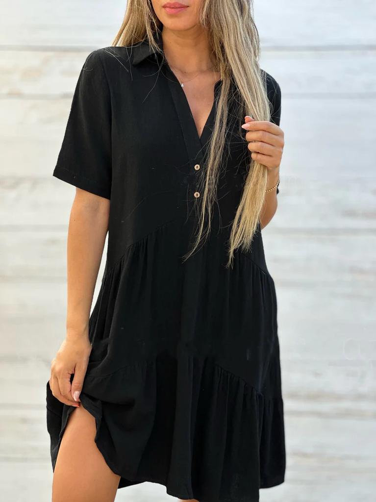 Women's Casual Cotton Linen Shirt Dress Collared Button Tiered Loose Short Sleeve Tunic Dress
