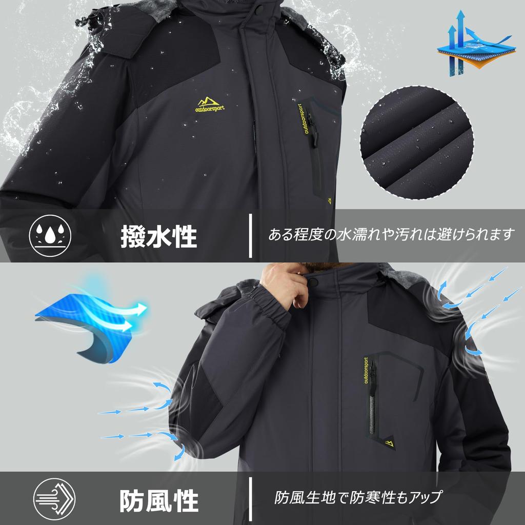 KEFITEVD Winter Mountain Windproof and Warm Jacket for and Gray and Size L Men's Parka, Fleece-Lined Mountaineering, Camping, Fishing, Black, (JP)