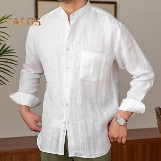 Spring Fall Men Shirt Stand Collar Single-breasted Long Sleeves Buttons Solid Color Cardigan Formal Business Style Office Top
