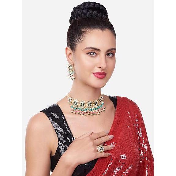Pink & Green Beads Cluster Drops Kundan Choker Necklace Earring & Ring Set For Women