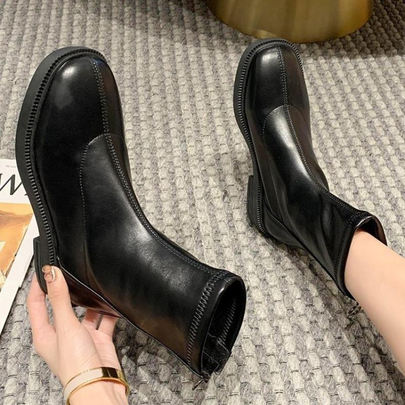 French Womens Sexy Short Boots Fahsion Slim Elegant Back Zippers Leather Shoes Female Dress High Top Ankle Boot Zapatos De Mujer