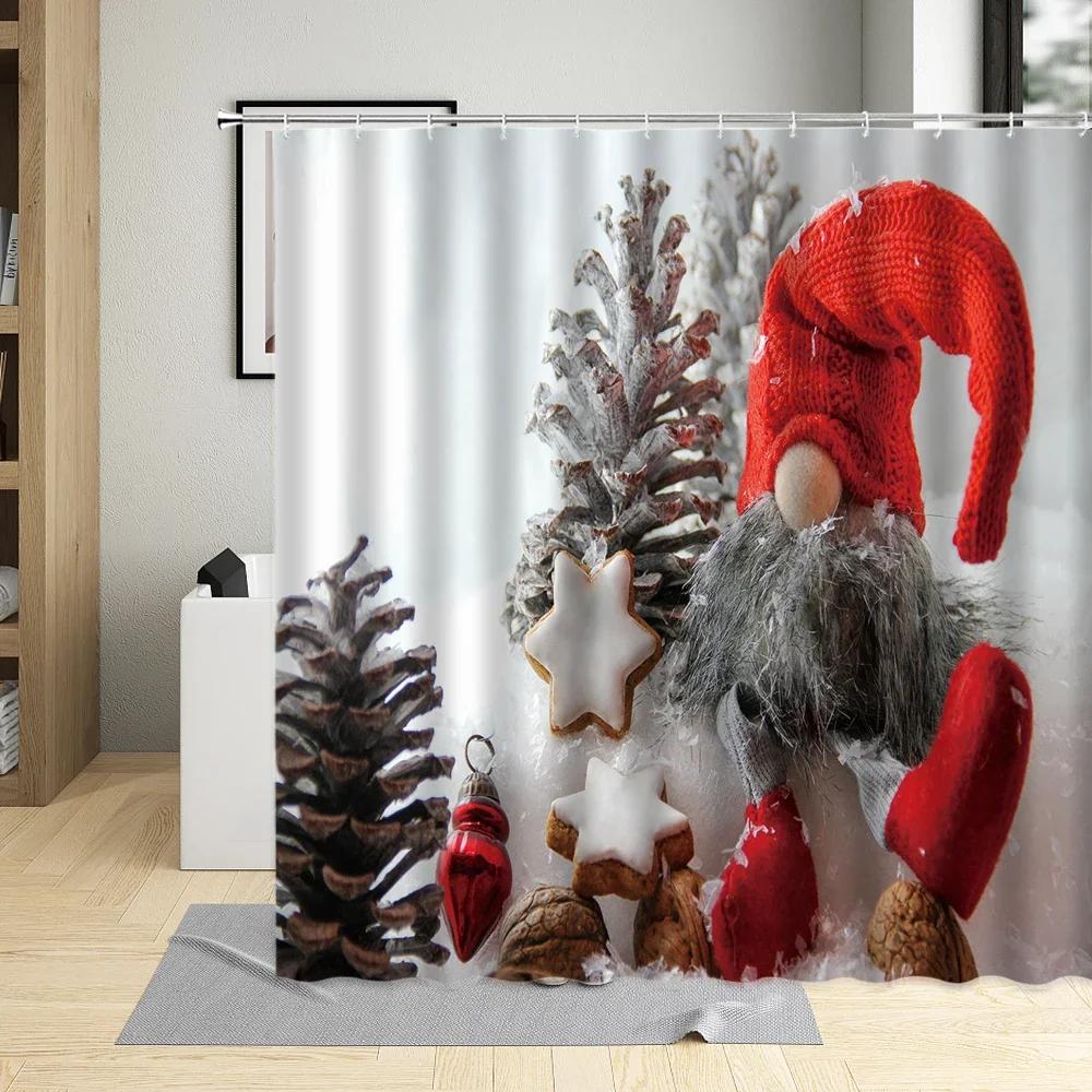 Merry Christmas Shower Curtain Santa Claus Elk Snow Scenery Tree Holiday Gift Red Decor Wall Cloth Bathroom Screen Curtains Sets