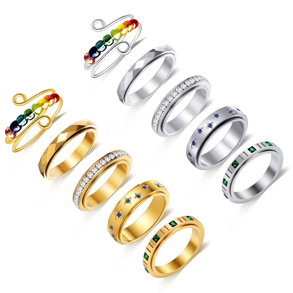 Women's Stainless Steel Diamond-Inlaid Decompression Ring Set - Versatile & Stylish Multiple Styles
