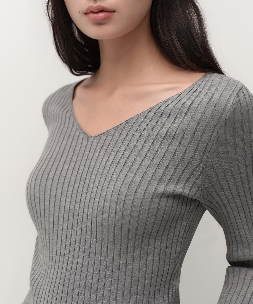 MUSINSA STANDARD WOMAN Women'S Wide Ribbed Slim V-Neck Knit [Medium Grey]
