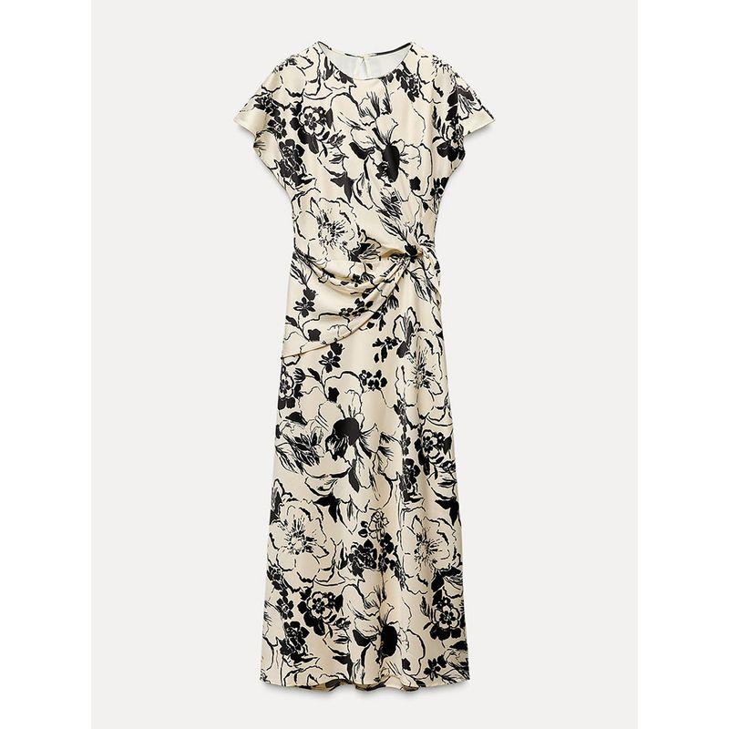 Za2025 Spring New Women's Clothing Elegant Silk Satin Texture Print Short Sleeve Round Neck Midi Skirt Dress 2328651