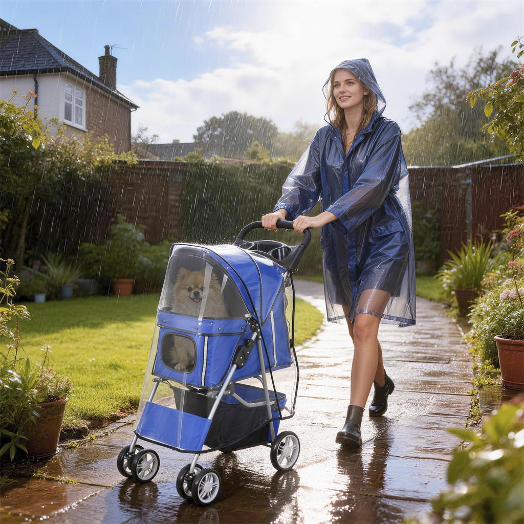 Folding Dog Stroller with Rain Cover, Swivel Wheels, and Washable Cushion, Blue