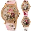 Women Rhinestone Inlaid Flower Round Dial Faux Leather Band Quartz Wrist Watch