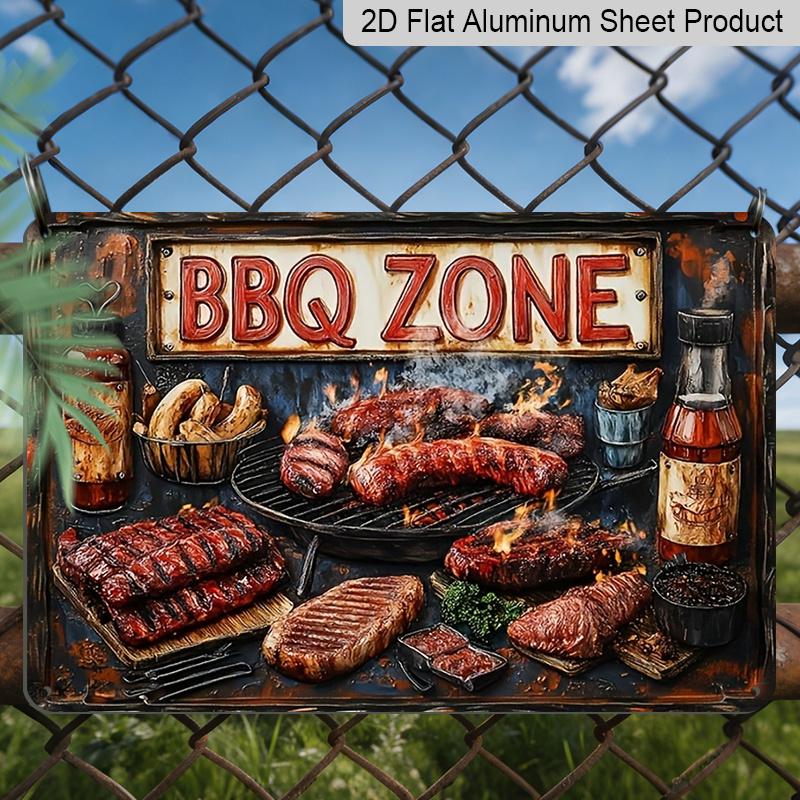 2D Flat, Vintage BBQ Zone Metal Sign - 12"x8" Rustic Aluminum Wall Decor with Grilling Meats & Condiments Design, Perfect for Home, Bar, or