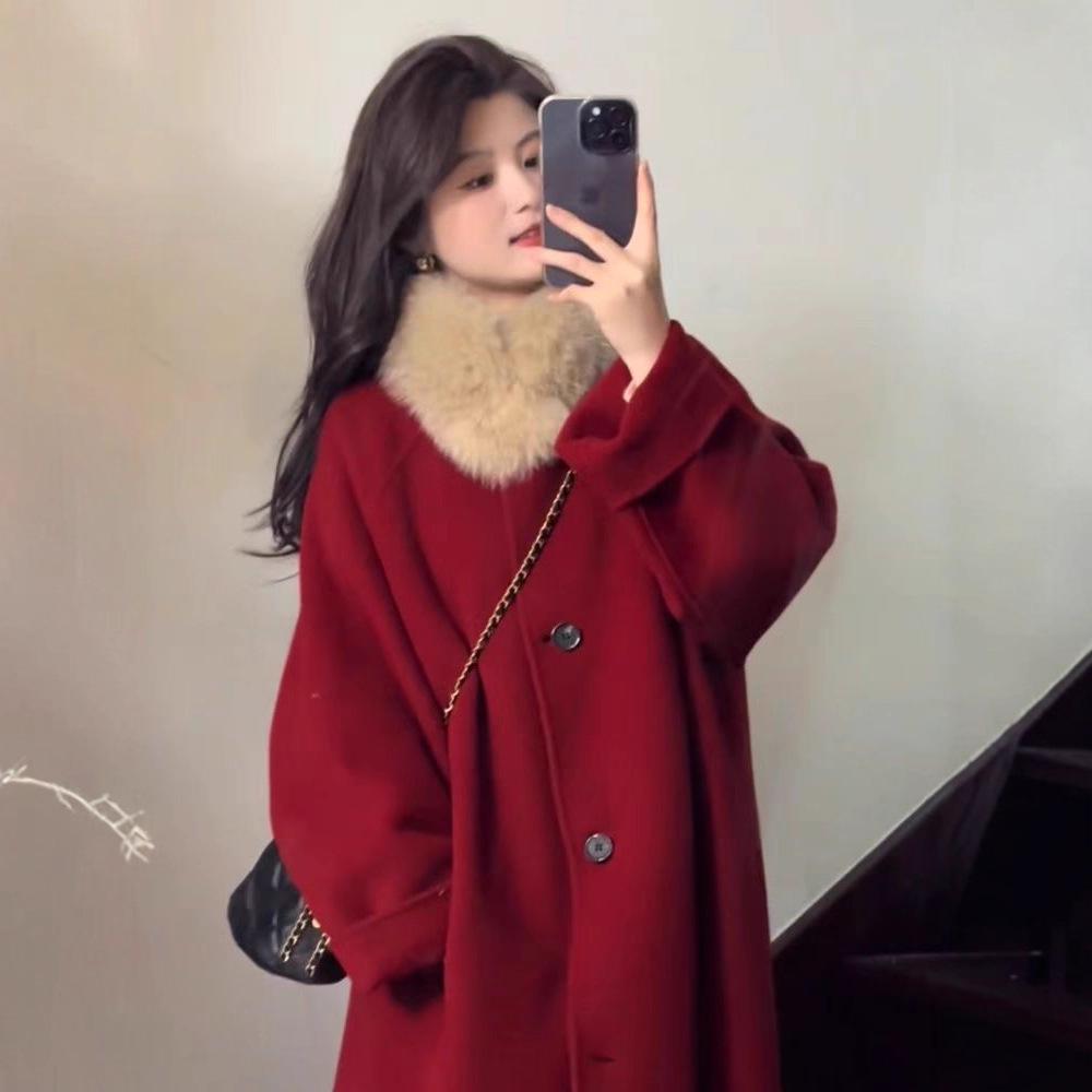 Women's Petite High-End Red Wool Coat for Autumn/Winter - Thick and Popular for New Year