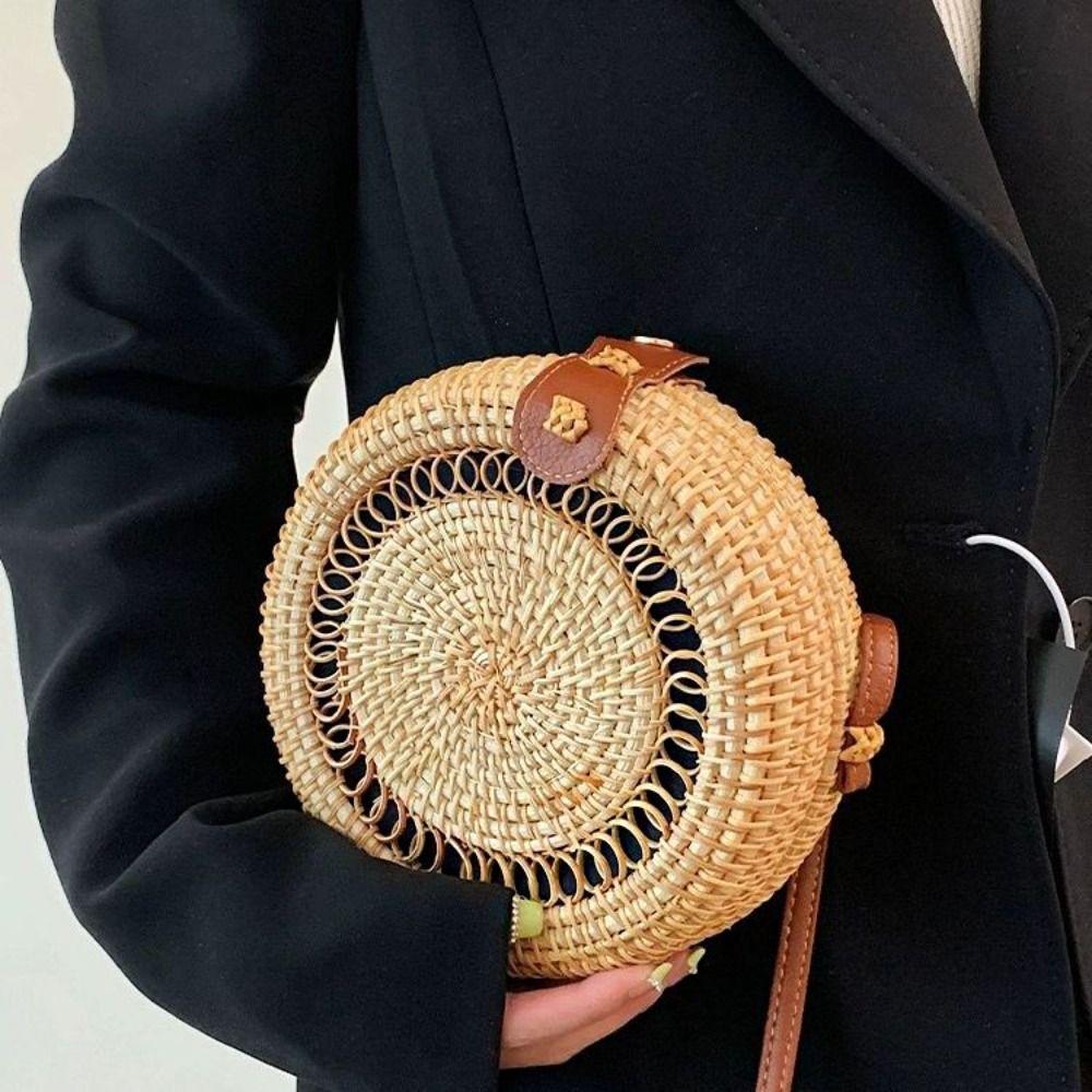Etnický styl Proutěná taška Bohemská kulatá crossbody taška Ležérní slaměná taška přes rameno Nákupní
