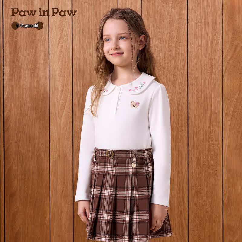 PawinPaw Girls' Cartoon Bear Long-Sleeve Lapel Shirt
