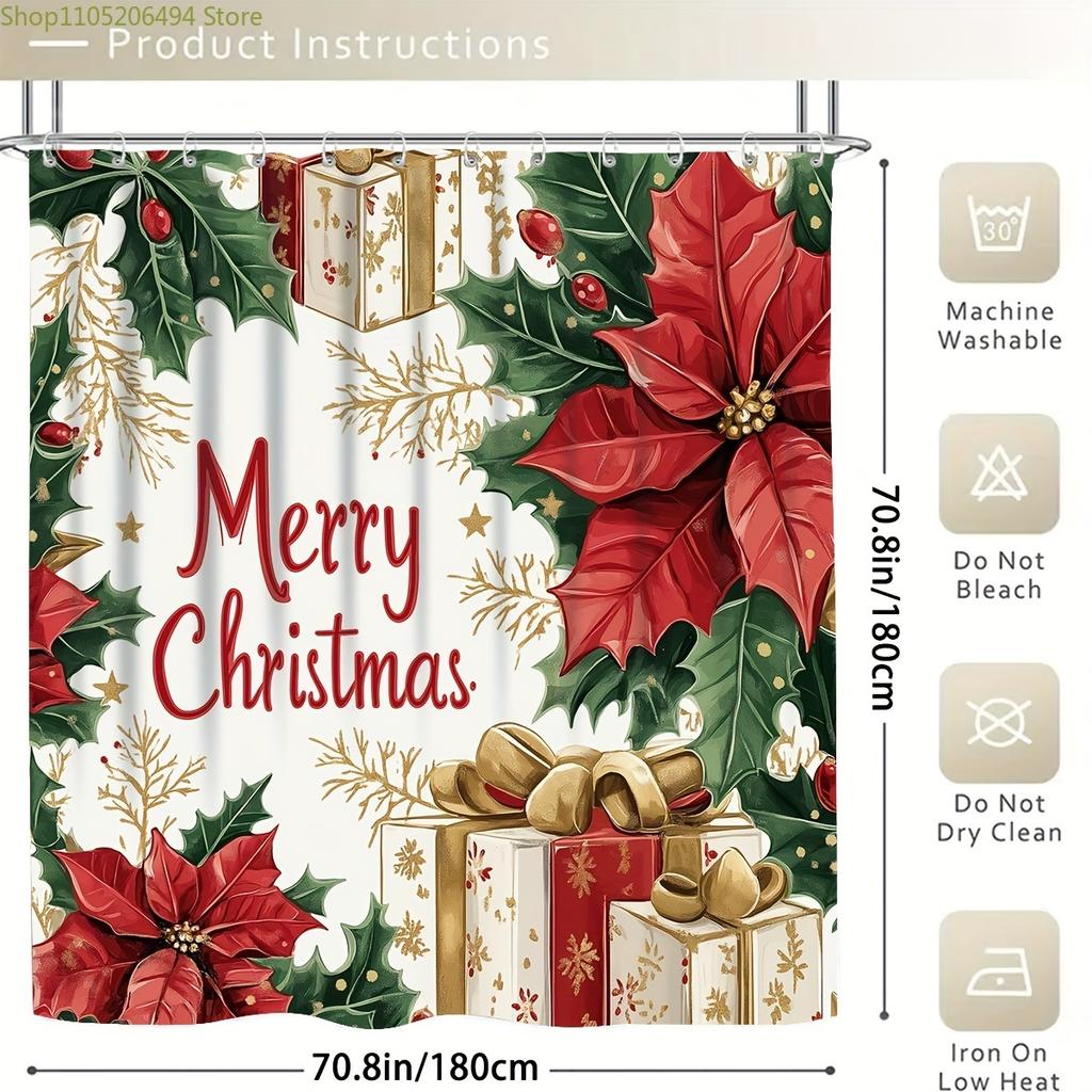 1/4pcs Merry Christmas Winter Shower Curtain Set, Ball Poinsettia Gift Box Bow Vintage Red Green Shower Curtain for Christmas
