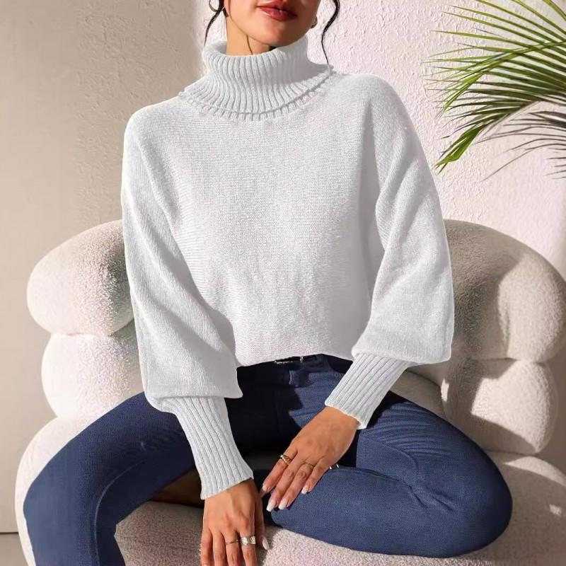 Womens High Neck Knit Sweater Solid Color Pearl Embellished Long Sleeve Pullover Winter Casual Streetwear