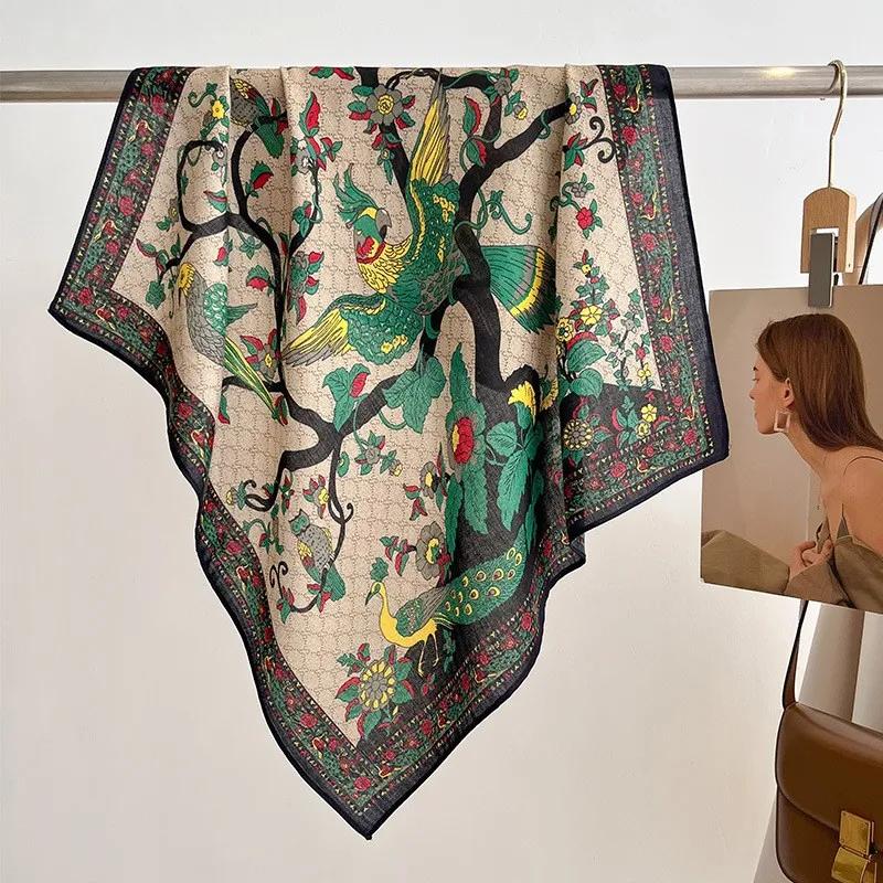130cm Silk Square Scarf Women Large Shawls Matching Flowers Design Square Bandana Luxury Kerchief Scarf Female Foulards