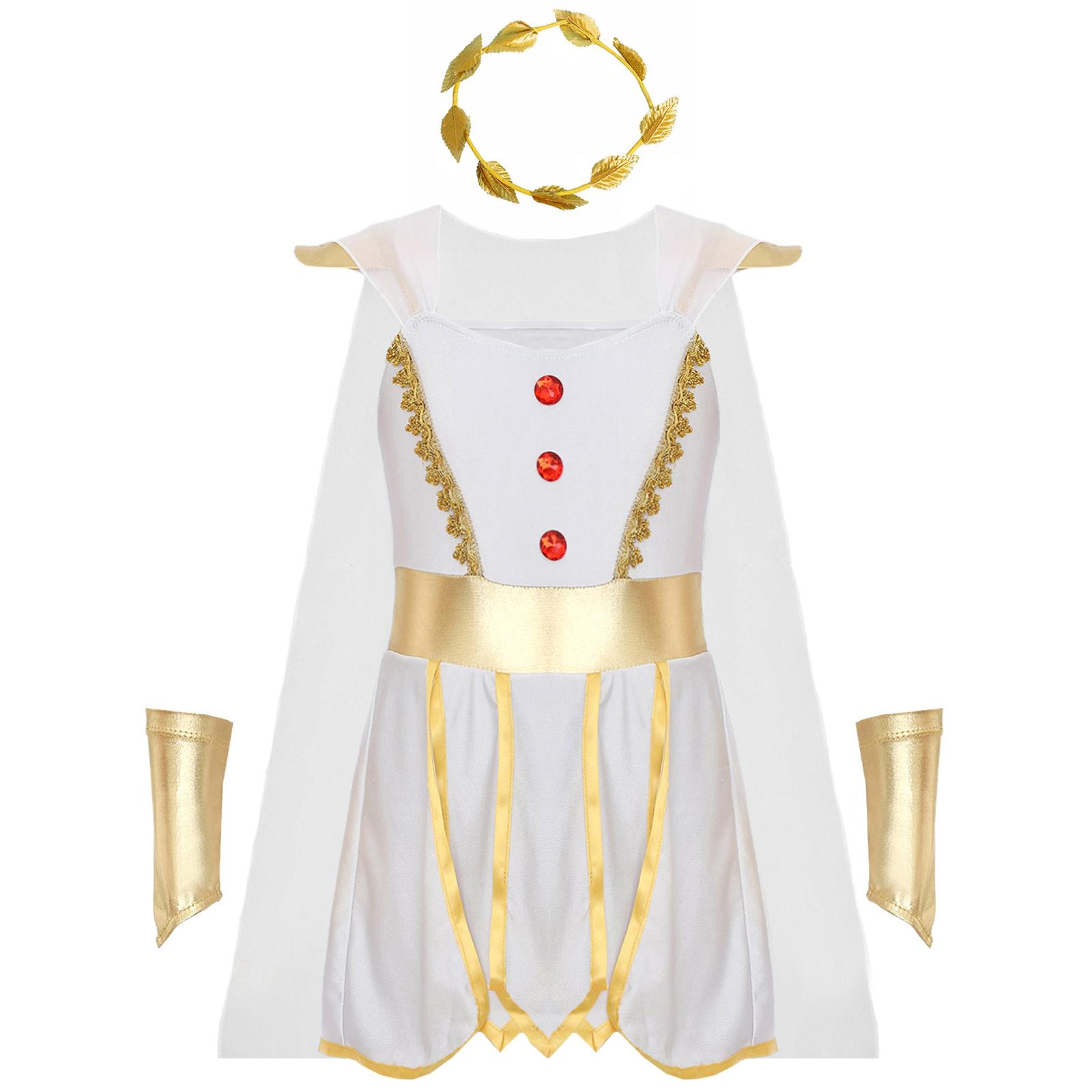 

Костюм греческой принцессы для девочек, платье-тога из тюля без рукавов, нарукавники, лавровый венок, наряд древней богини 5-6 Years белый
