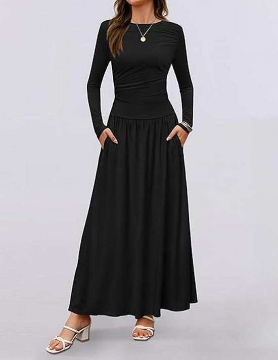 2025 Cross-border Women's Round Neck Pleated Pocket Slim Fit Long Sleeve Knit Dress